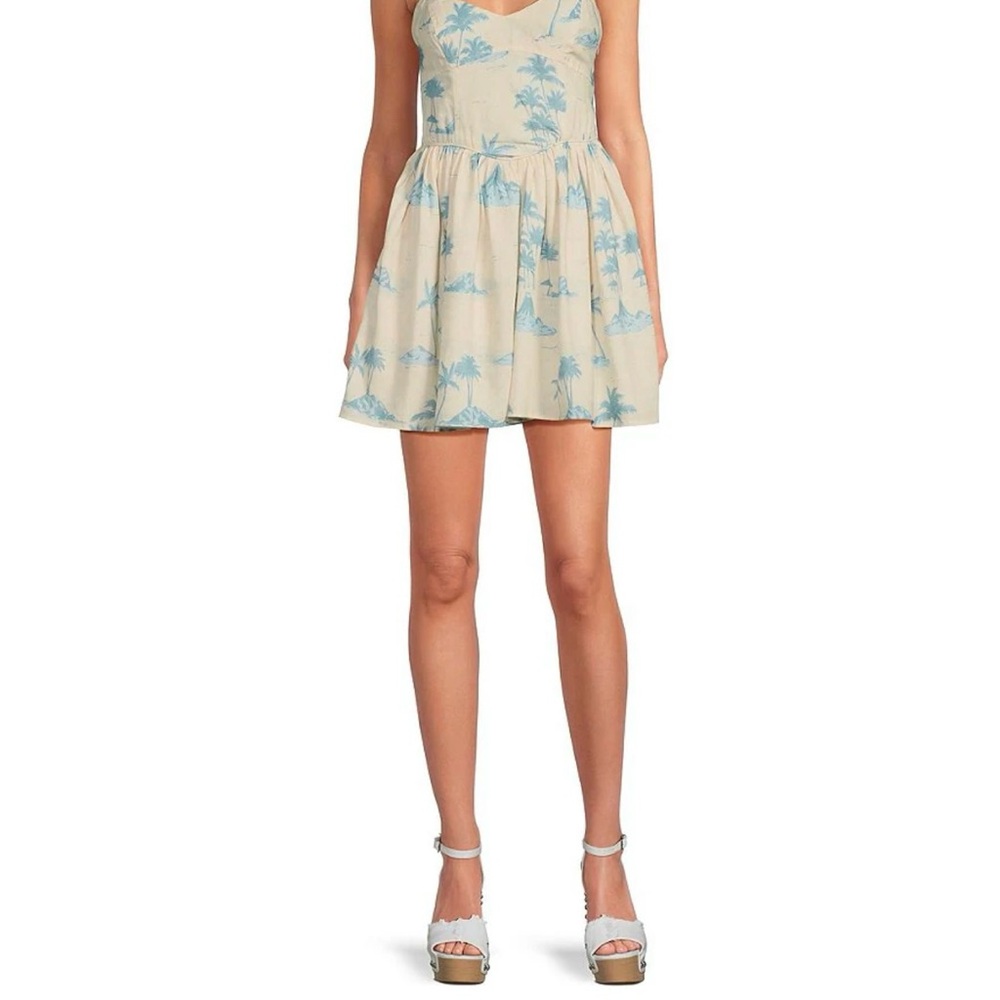 55% Linen Blend Sweetheart Neckline Fit and Flare Palm Print Mini Dress size 6